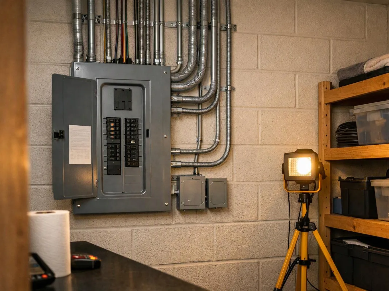 A basement electrical panel stands open on a cinder block wall beside a bright work light and shelves of storage bins