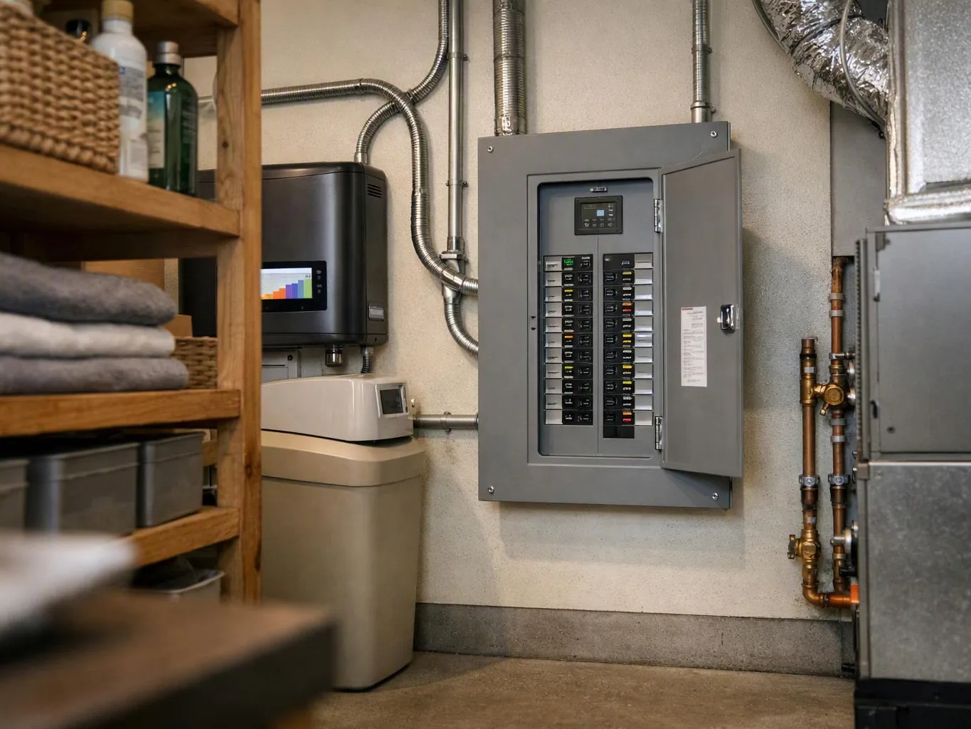 A basement utility room shows an open electrical breaker panel beside ducts, pipes, shelving, and a storage cabinet