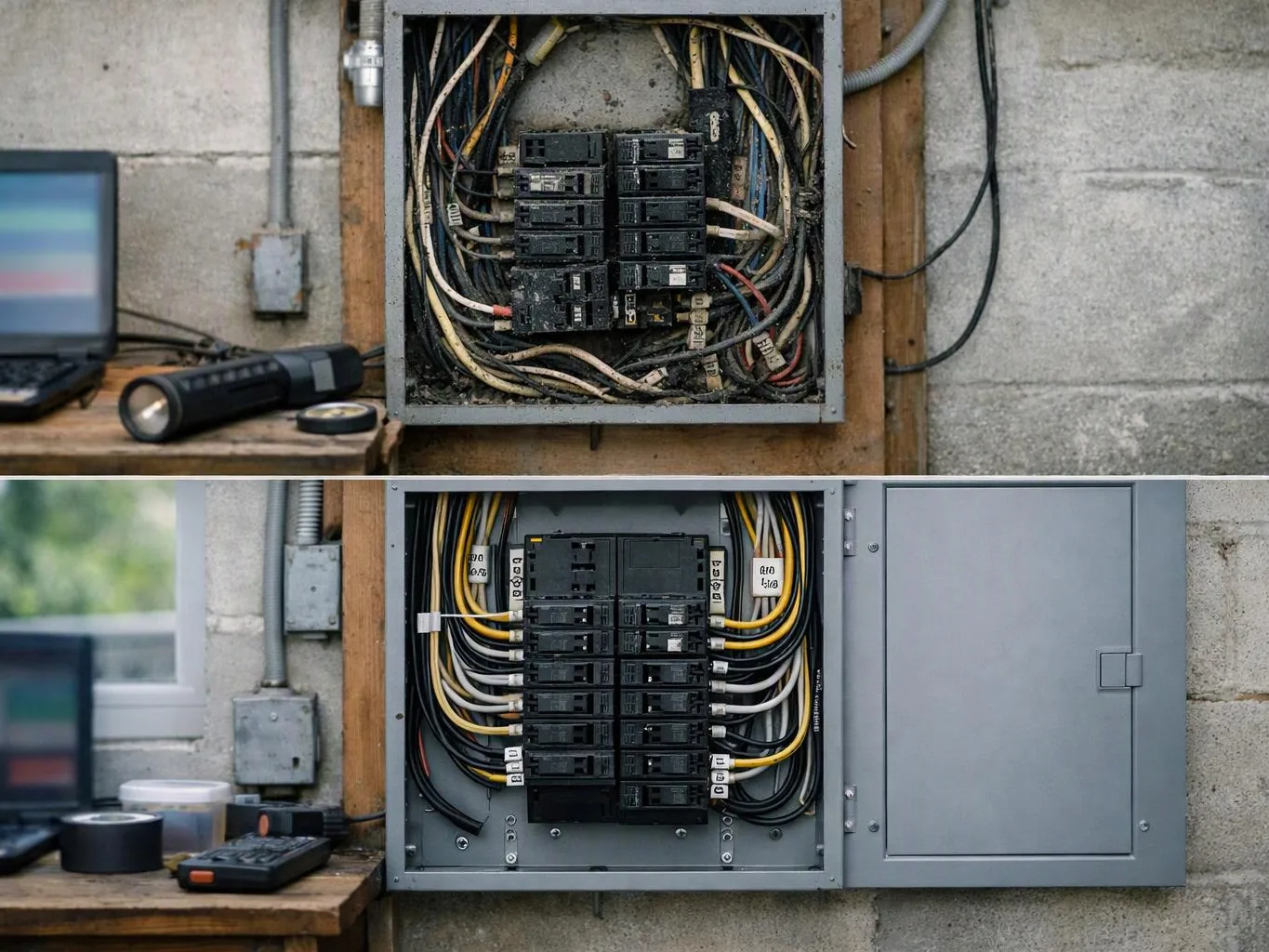 A before-and-after view shows an old messy breaker panel above a neat new electrical panel on a concrete wall