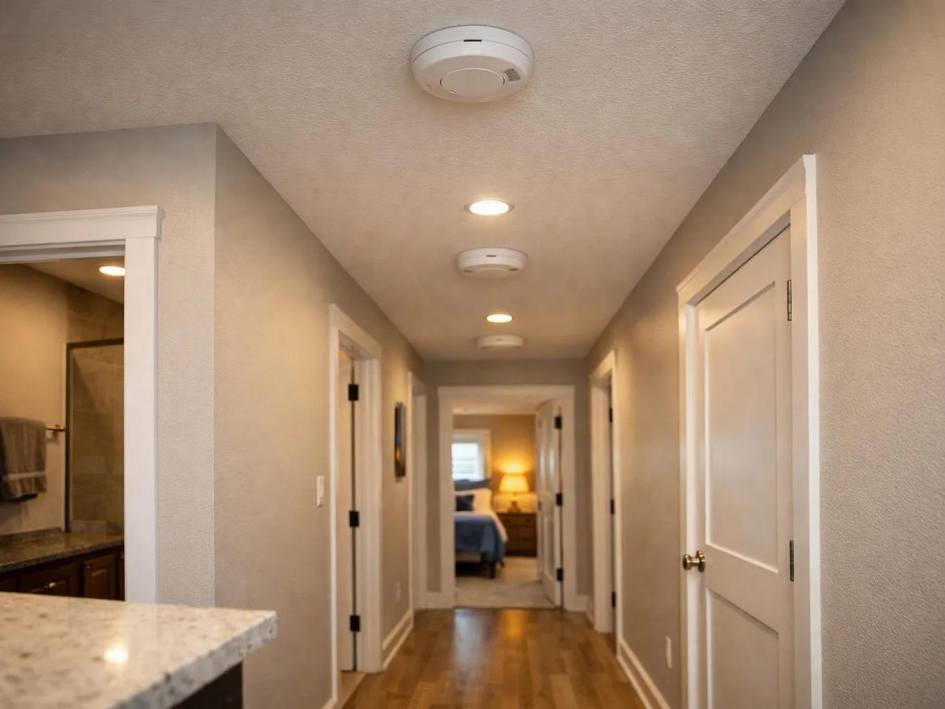 A beige hallway with wood floors and white doors leads to a softly lit bedroom and bathroom area