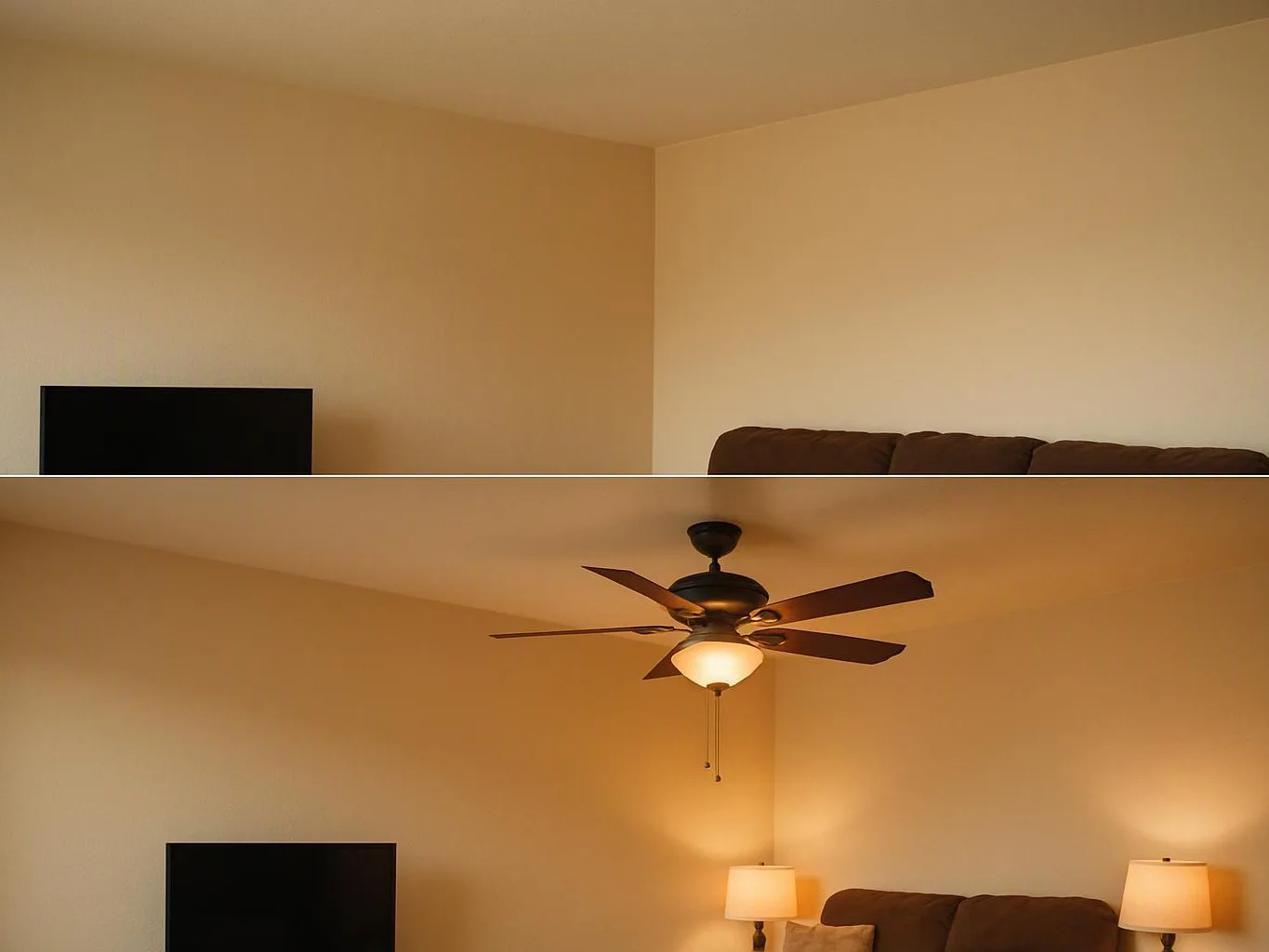 A beige living room shows a ceiling fan, two lit lamps, a dark sofa, and a black TV on the wall