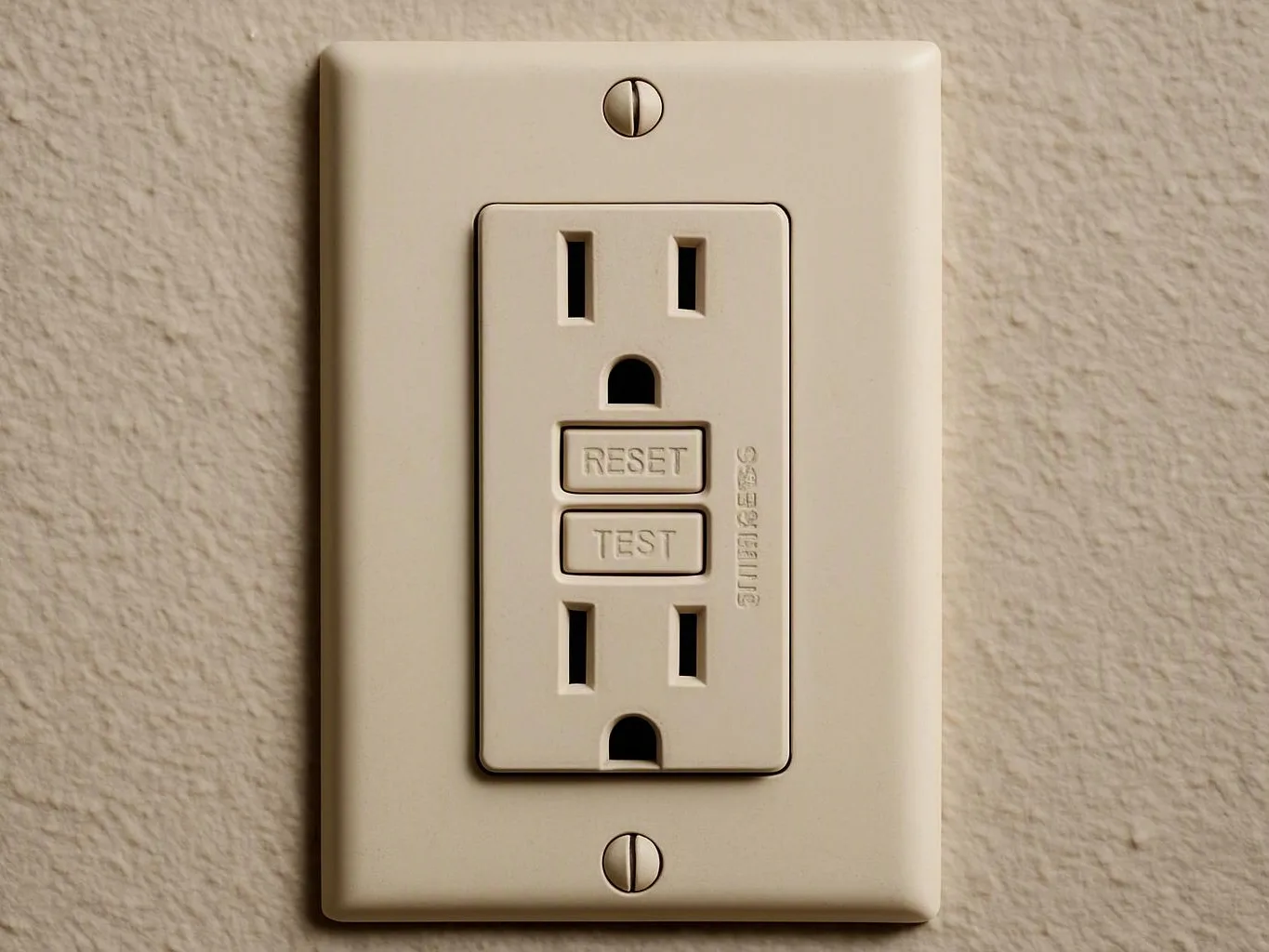 A beige wall outlet with RESET and TEST buttons sits on a textured wall