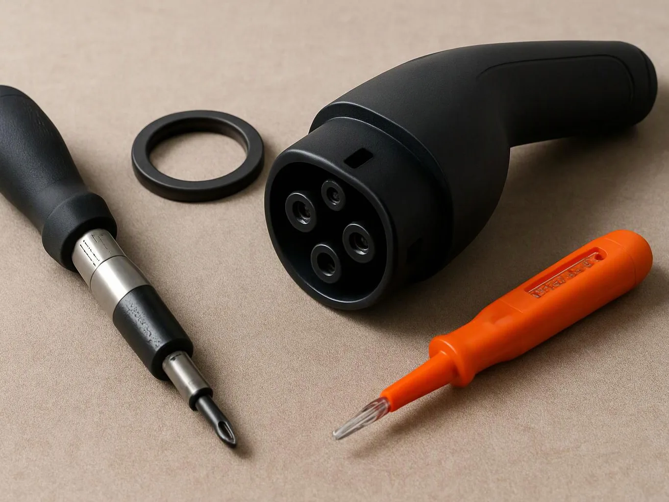 A black charging connector, a ring adapter, and two screwdriver-like tools lie on a beige surface