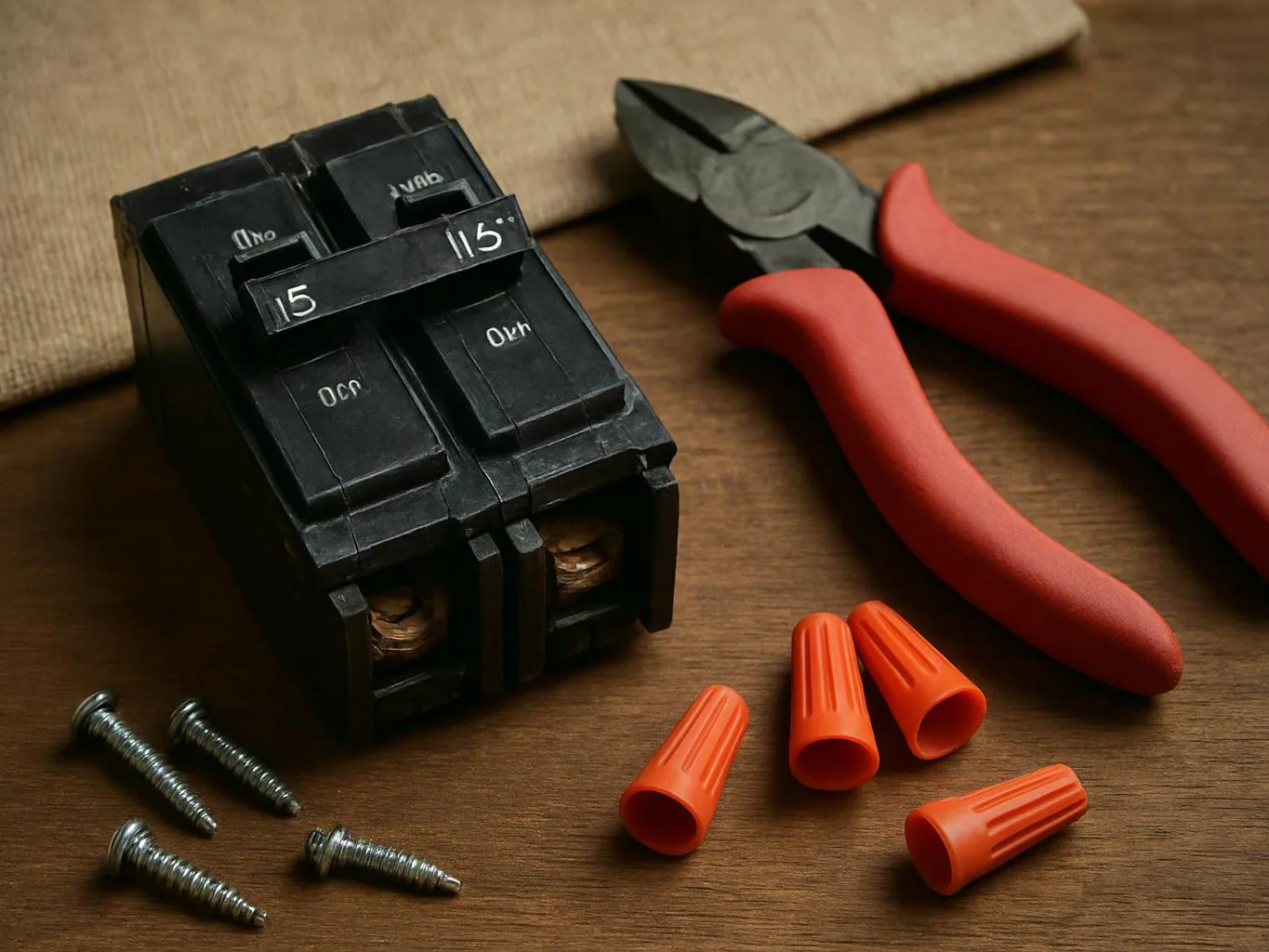 A black circuit breaker, red-handled pliers, screws, and orange wire connectors lie on a wooden surface