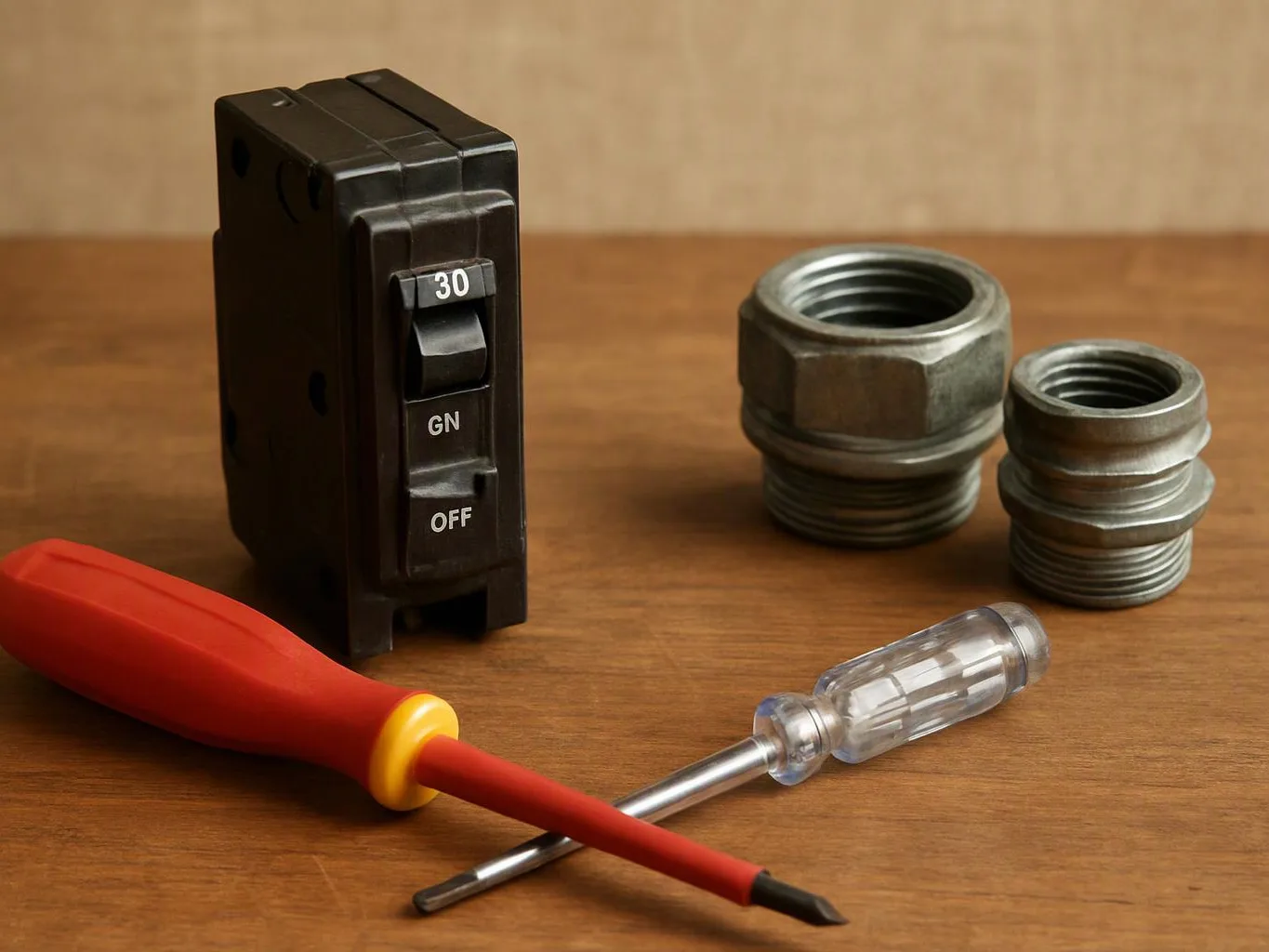 A black circuit breaker, two metal fittings, and two screwdrivers rest on a wooden surface