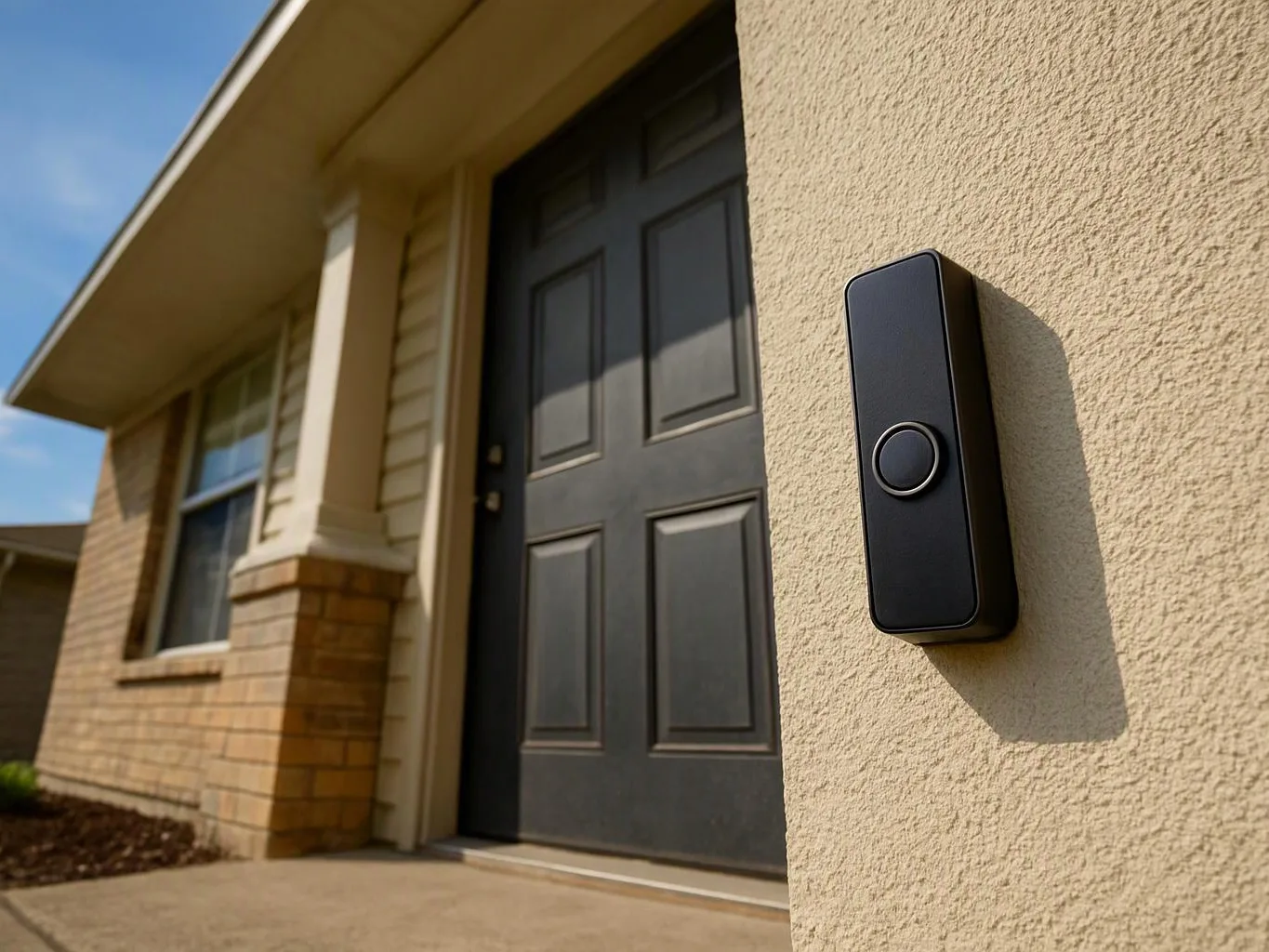 A black doorbell camera sits beside a dark front door on a sunny house porch