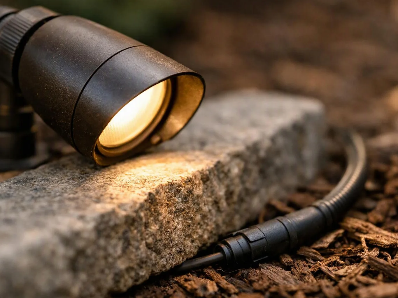 A black garden spotlight shines onto a stone edge beside a coiled cable and mulch