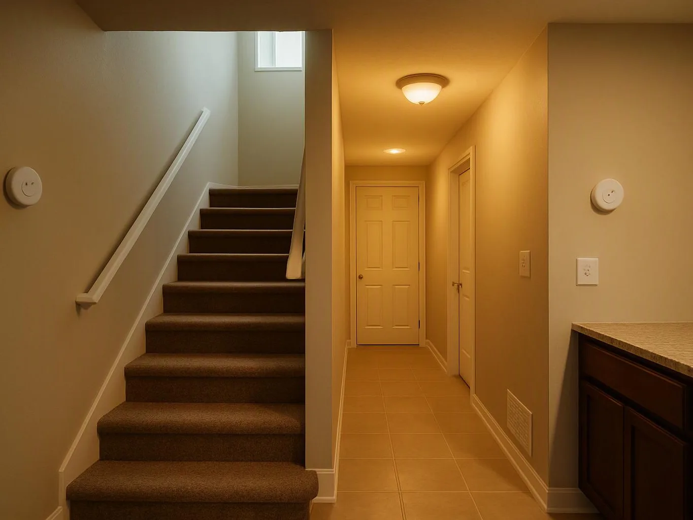 A carpeted staircase rises beside a warm hallway with closed doors and ceiling lights