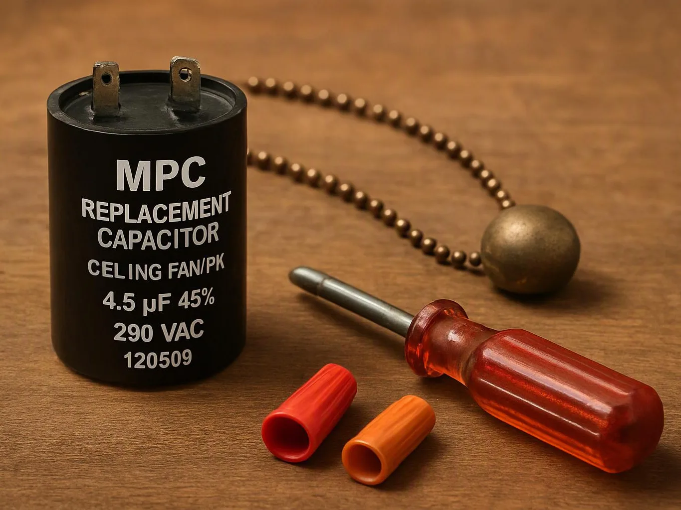 A ceiling fan capacitor sits beside a screwdriver, bead chain, and two wire caps on a wooden surface