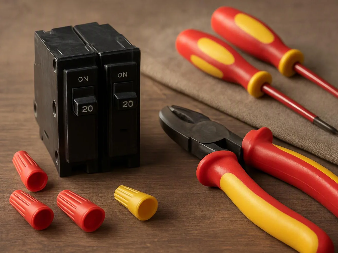 Circuit breakers, insulated screwdrivers, and pliers are arranged on a wooden workbench with wire connectors