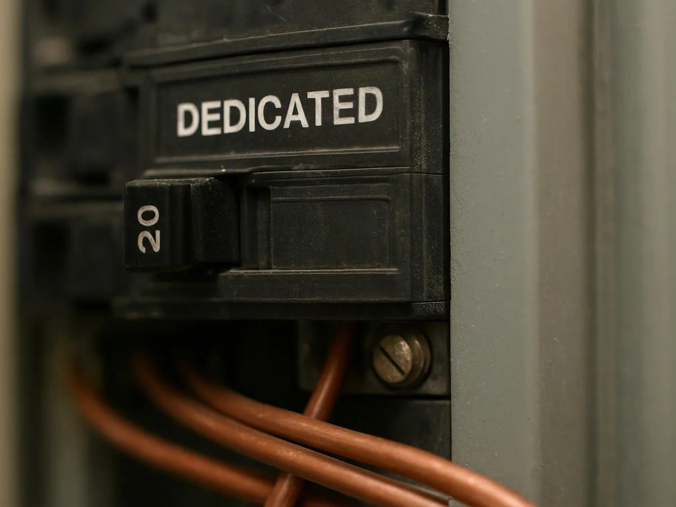 Close-up of a black circuit breaker labeled “DEDICATED” with copper wires inside a gray electrical panel