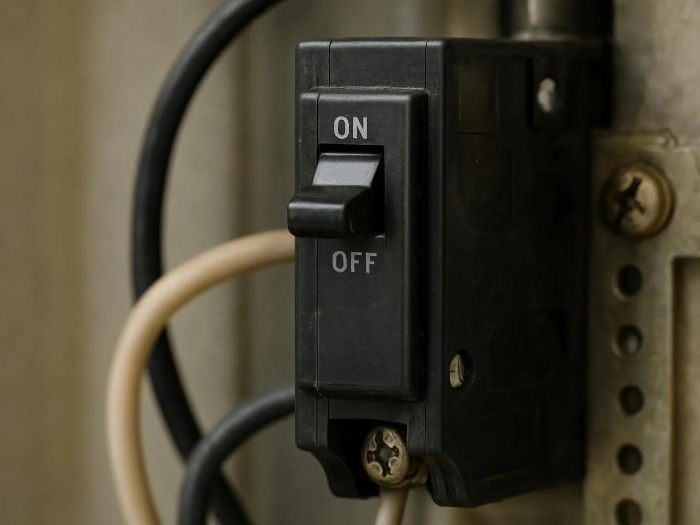 Close-up of a black electrical switch labeled on and OFF with wires attached inside a panel