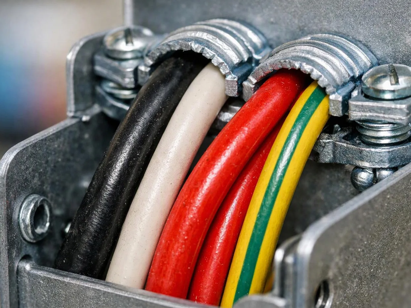 Close-up of bundled colored electrical wires held in a metal connector box