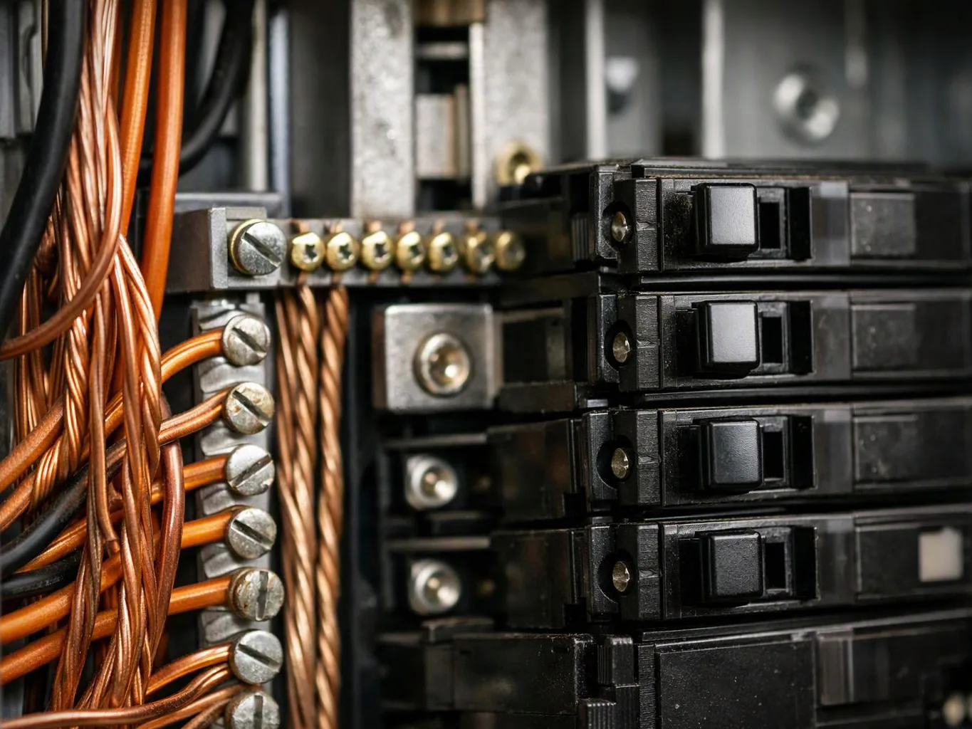 Close-up of an electrical breaker panel with bundled copper wires and black switches inside a metal box