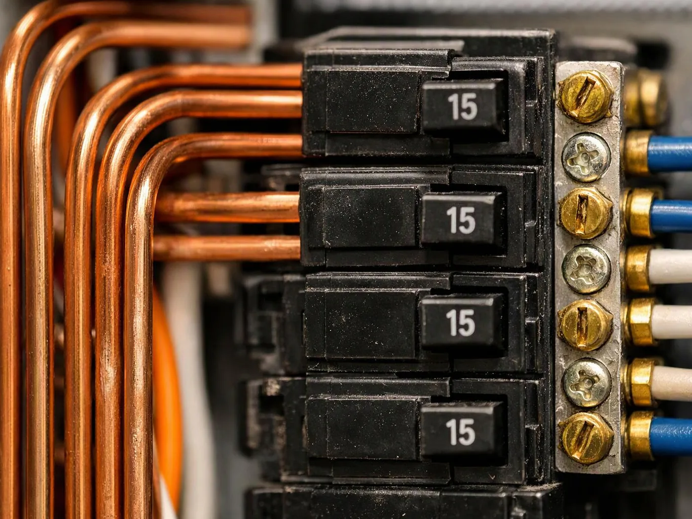 Close-up of electrical circuit breakers with copper wires and blue cables inside a panel