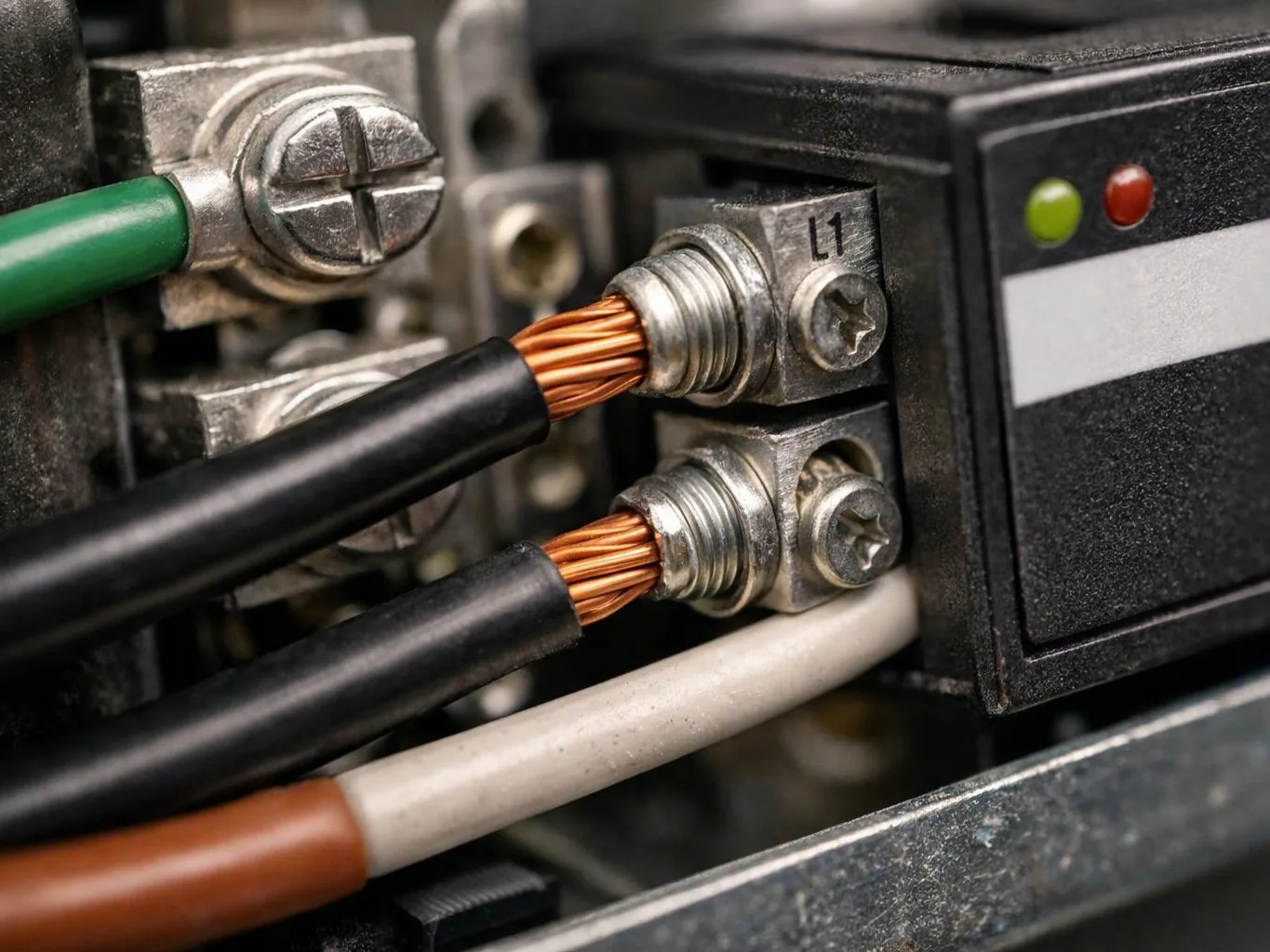 Close-up of electrical wires with exposed copper strands connected to metal terminal screws on a black device