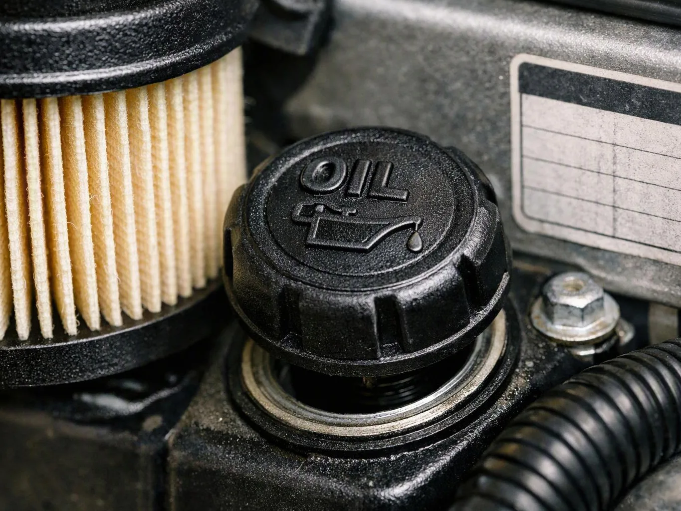 Close-up of an engine oil cap beside a pleated filter and metal bolts inside a machine compartment