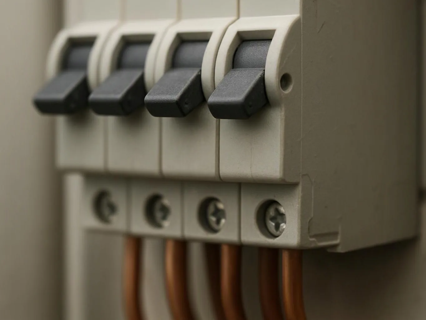 Close-up of four black circuit breaker switches with copper wires in a beige electrical panel