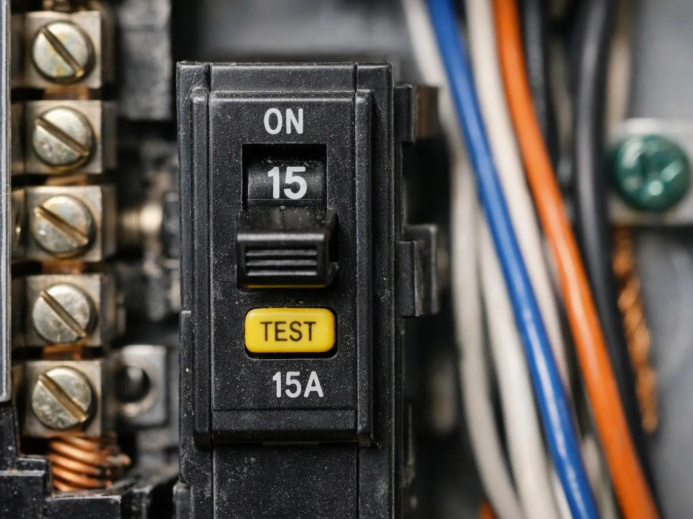 A close-up shows a black 15A circuit breaker with a yellow test button inside an electrical panel