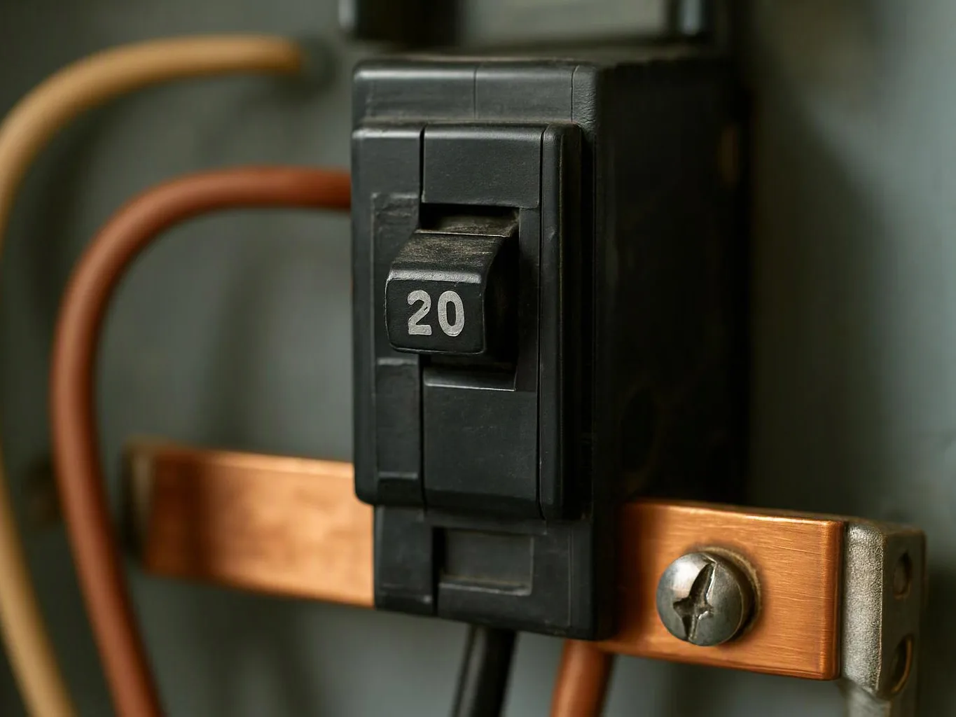 A close-up shows a black circuit breaker labeled 20 mounted on a copper bus bar with wires behind it