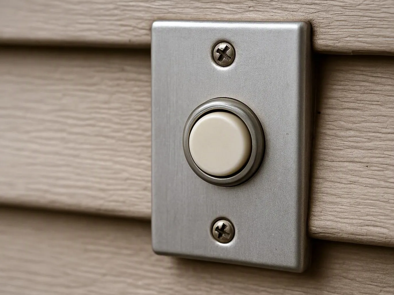 A close-up shows a round white doorbell button on a metal plate mounted to beige siding