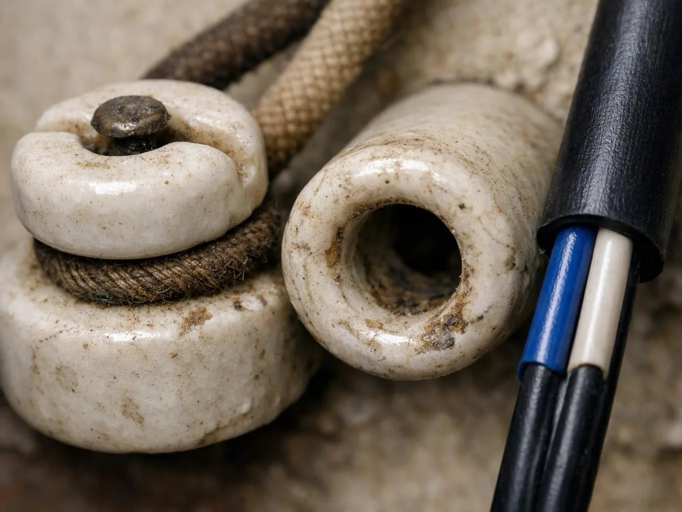 Close-up of worn white ceramic electrical insulators and black wires with blue and white sleeves