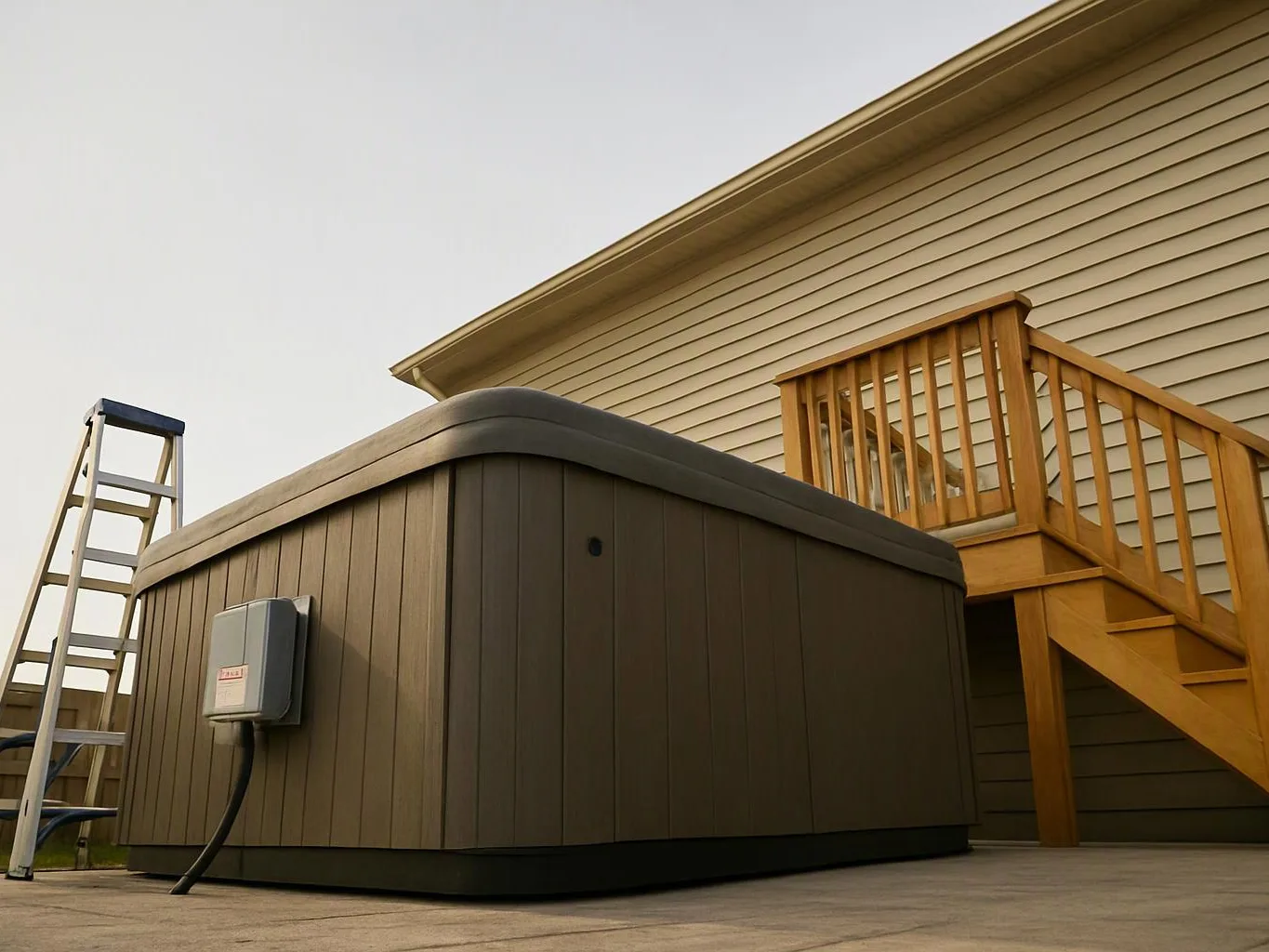A covered hot tub sits beside wooden stairs and a ladder against a house exterior