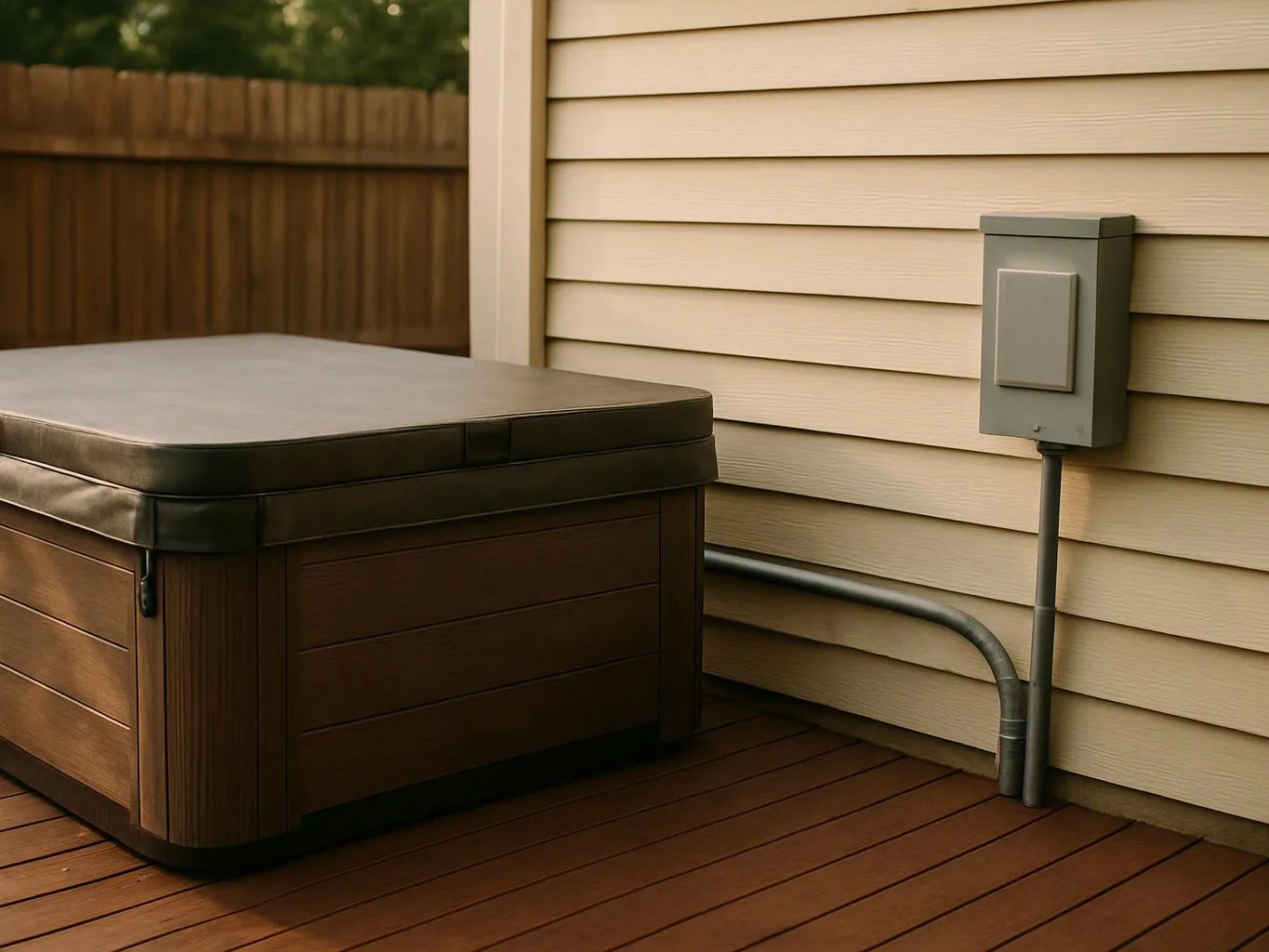 A covered hot tub sits on a wooden deck beside beige siding and a fenced yard