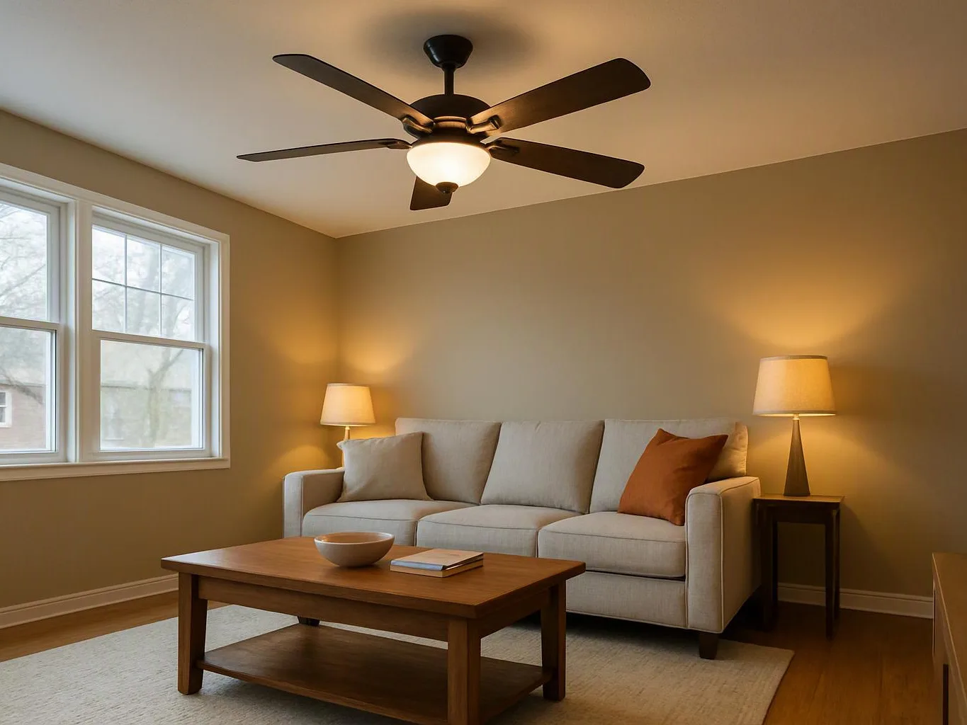 A cozy living room shows a beige sofa, wooden coffee table, two lit lamps, and a ceiling fan by the windows