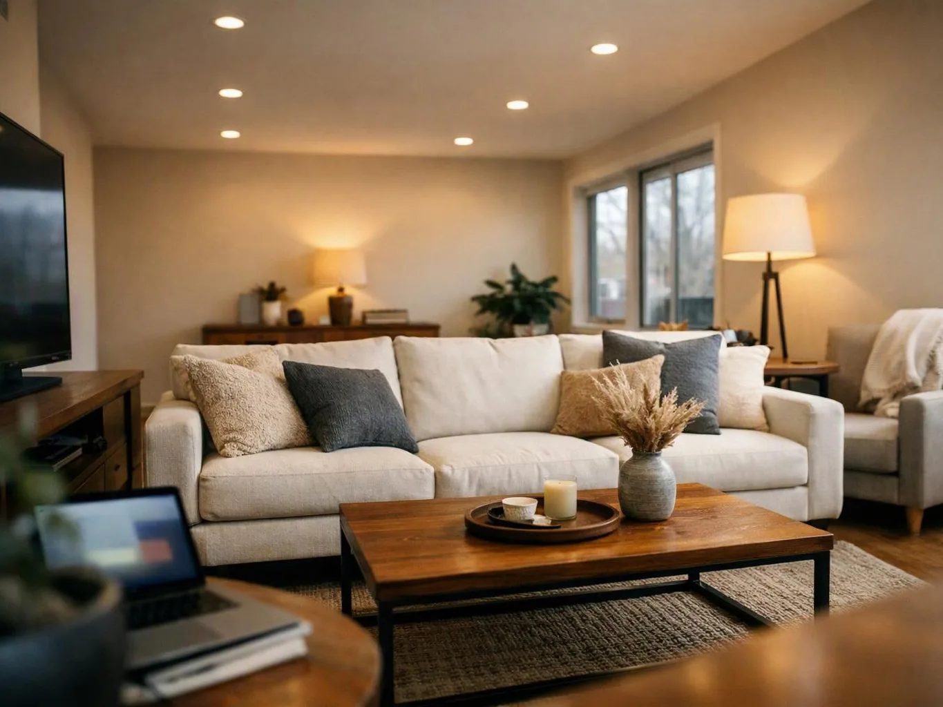 A cozy living room shows a cream sofa, wooden coffee table, lamps, and a TV in soft light