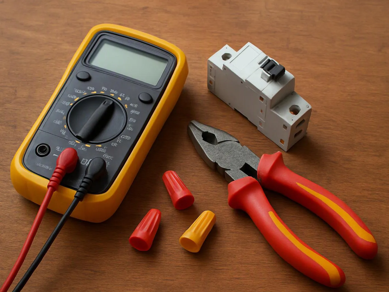 A digital multimeter, insulated pliers, wire connectors, and a circuit breaker sit on a wooden table