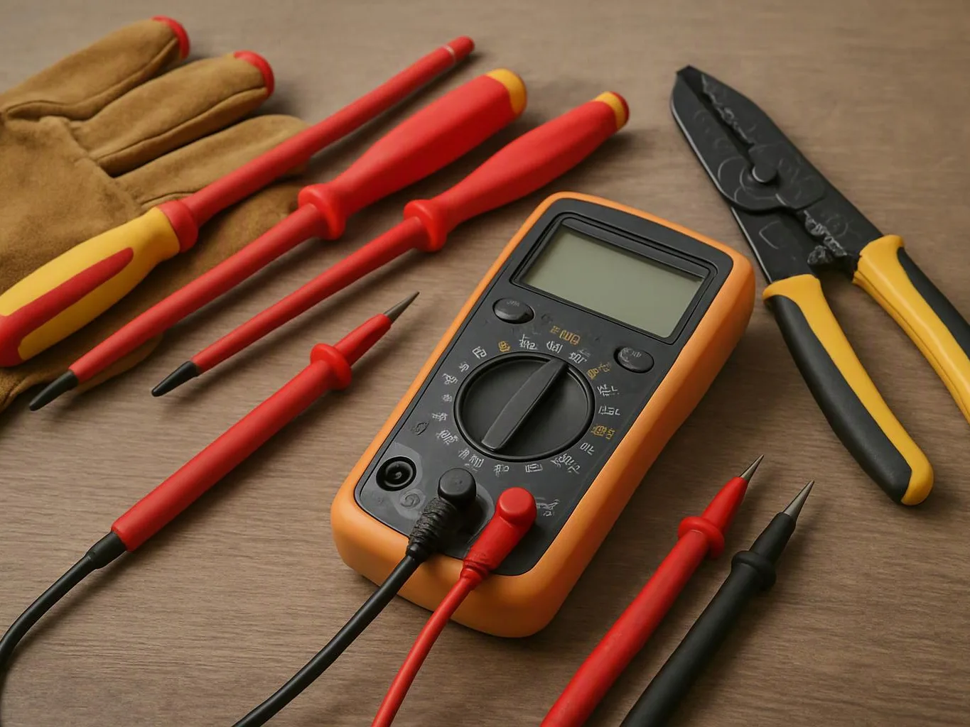 A digital multimeter lies among screwdrivers, pliers, and test probes on a wooden surface