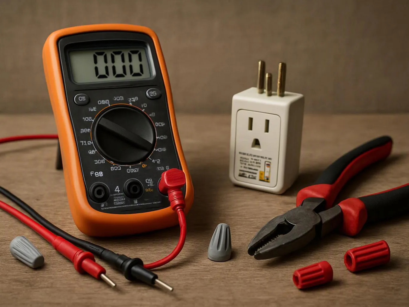 A digital multimeter, outlet adapter, test leads, wire nuts, and pliers sit on a wooden surface