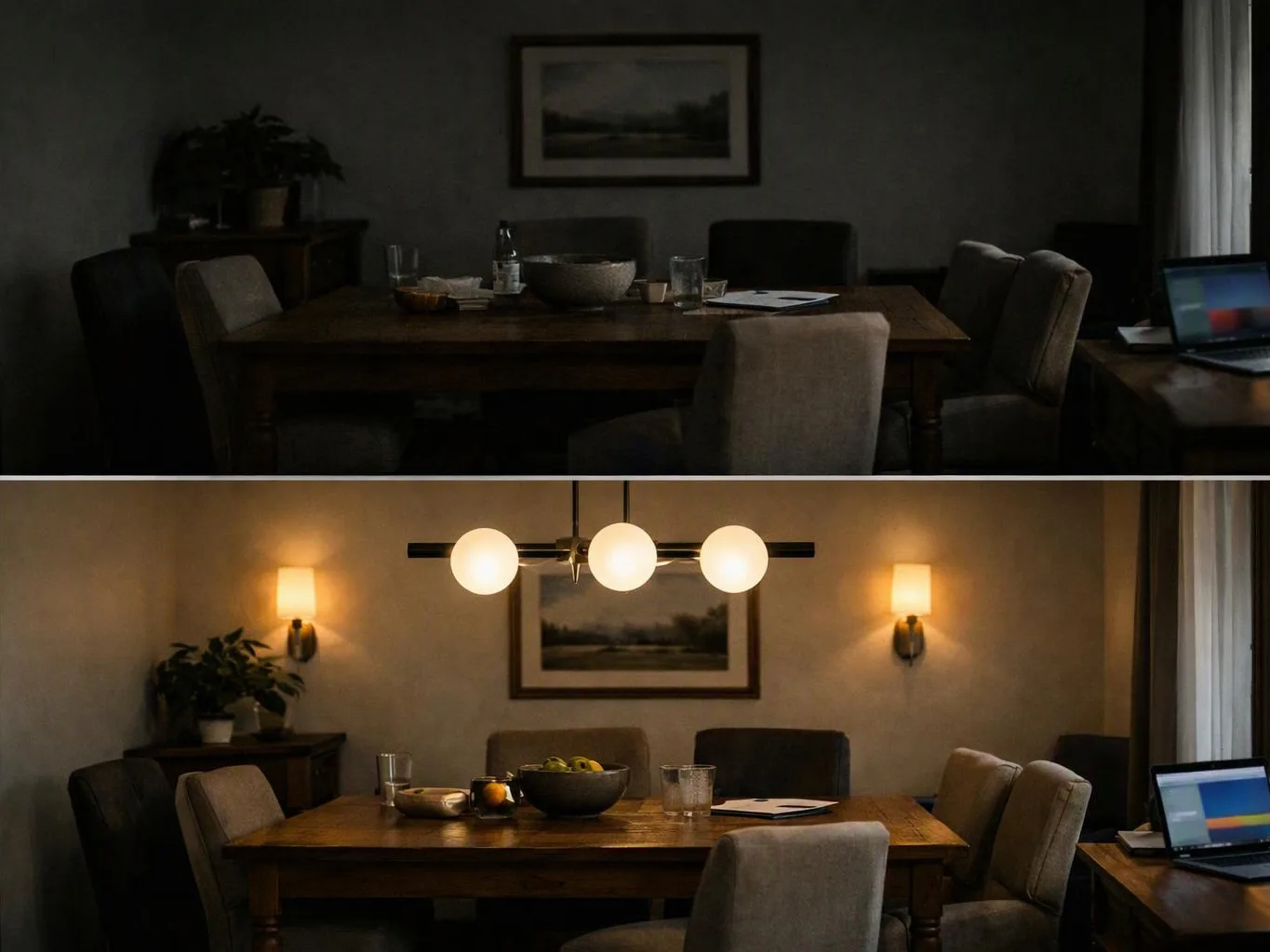 A dim dining room brightens in the lower half, showing a table, chairs, wall lamps, and a laptop on a side table