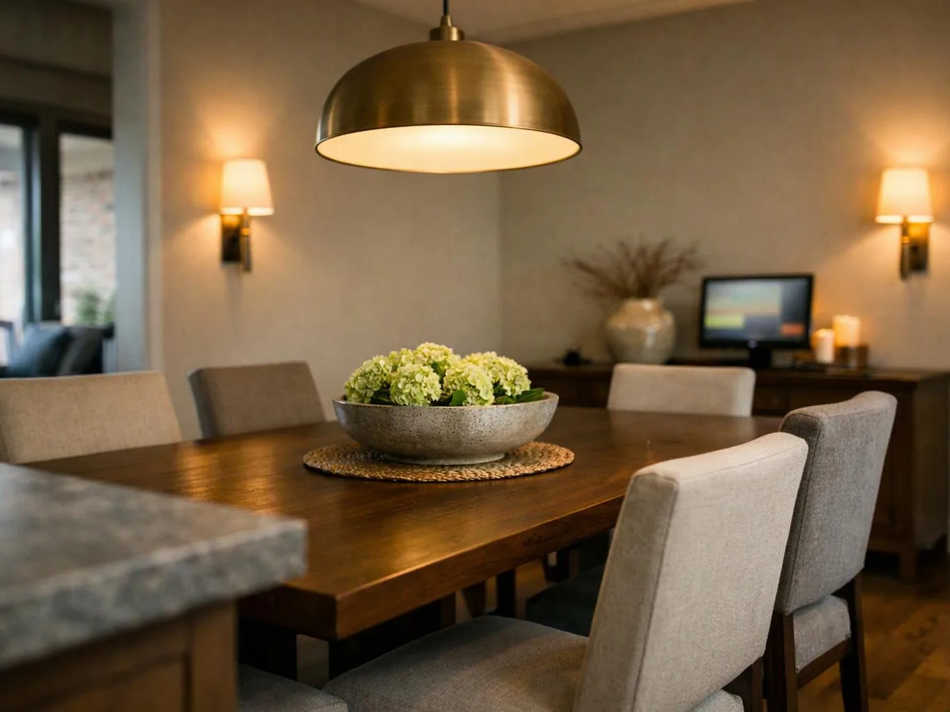 A dining room with a wooden table, upholstered chairs, a hanging brass lamp, and wall sconces glows warmly