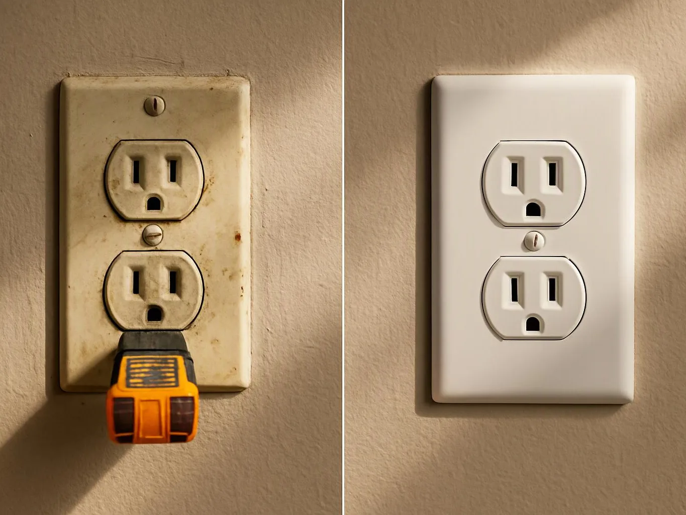 A dirty double wall outlet with a plug on the left sits beside a clean replacement on the right