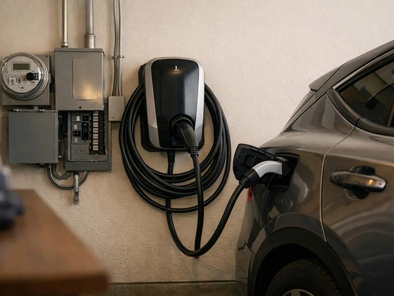 An electric car is plugged into a wall charger beside electrical panels in a garage
