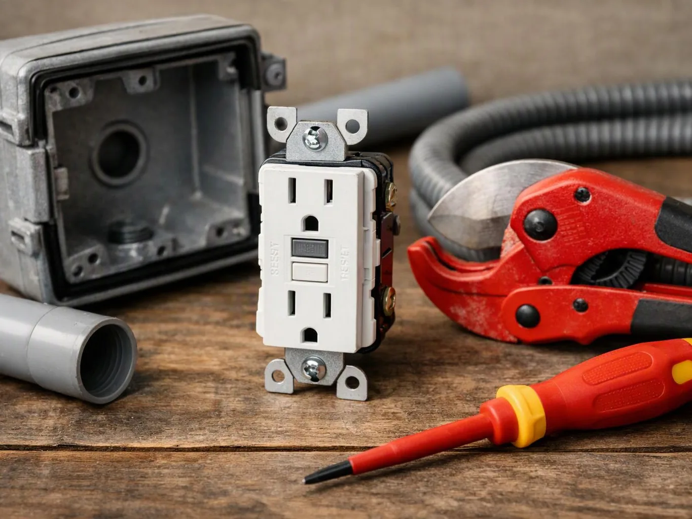 An electrical outlet sits beside a metal box, conduit, wire cutter, and screwdriver on a wooden workbench