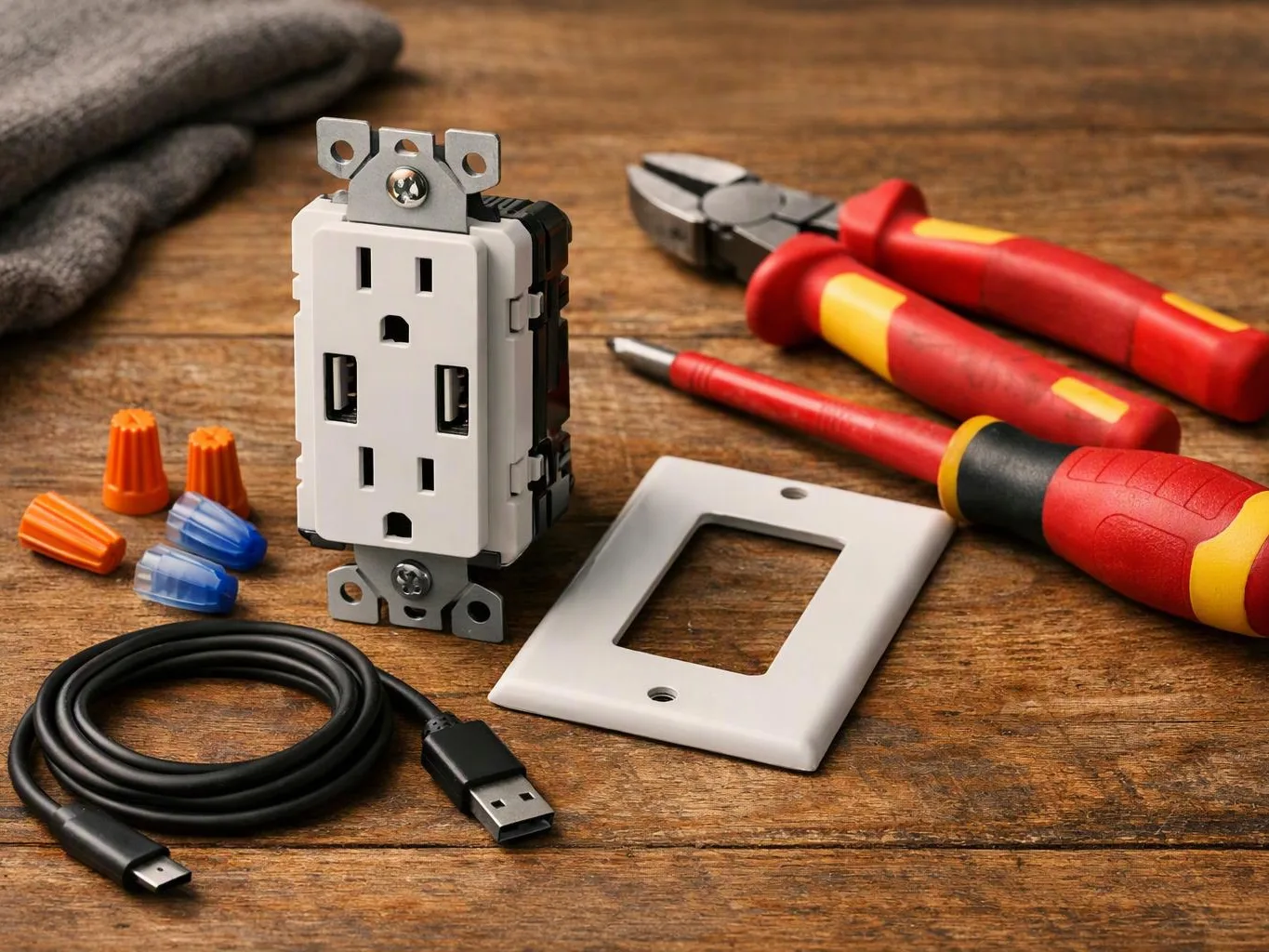 An electrical outlet, tools, wire nuts, and a USB cable are arranged on a wooden workbench