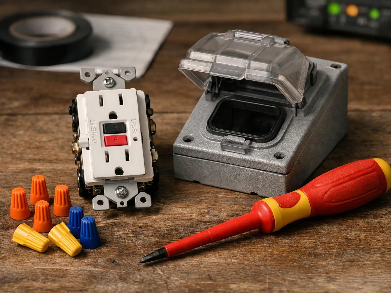 An electrical outlet, wire nuts, and a screwdriver sit on a wooden workbench beside a metal box with a clear cover