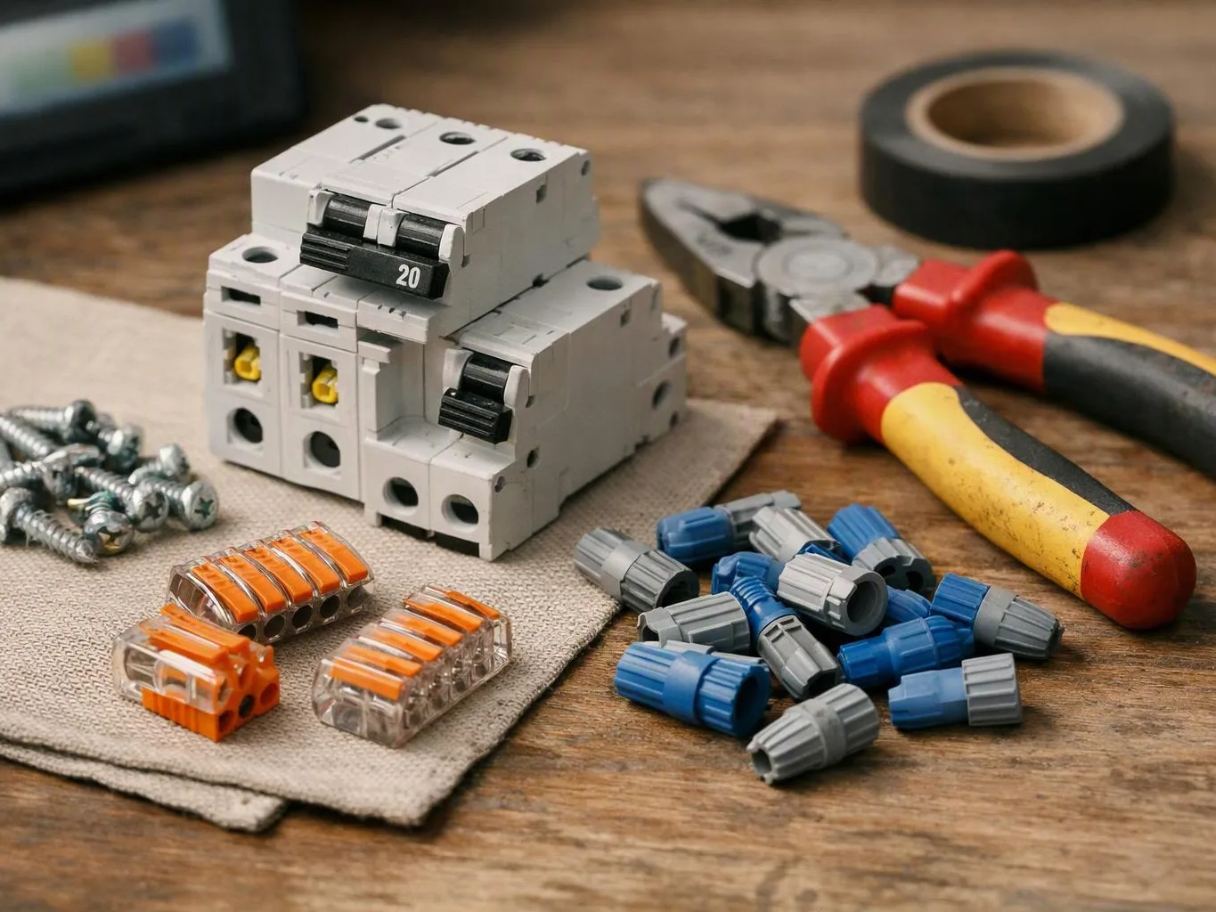 Electrical parts and hand tools sit on a wooden workbench, with a white circuit breaker in the center