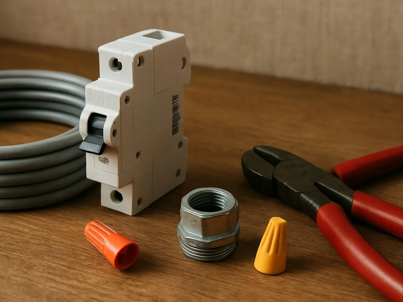 Electrical parts and tools rest on a wooden tabletop, including cable, pliers, connectors, and a breaker switch