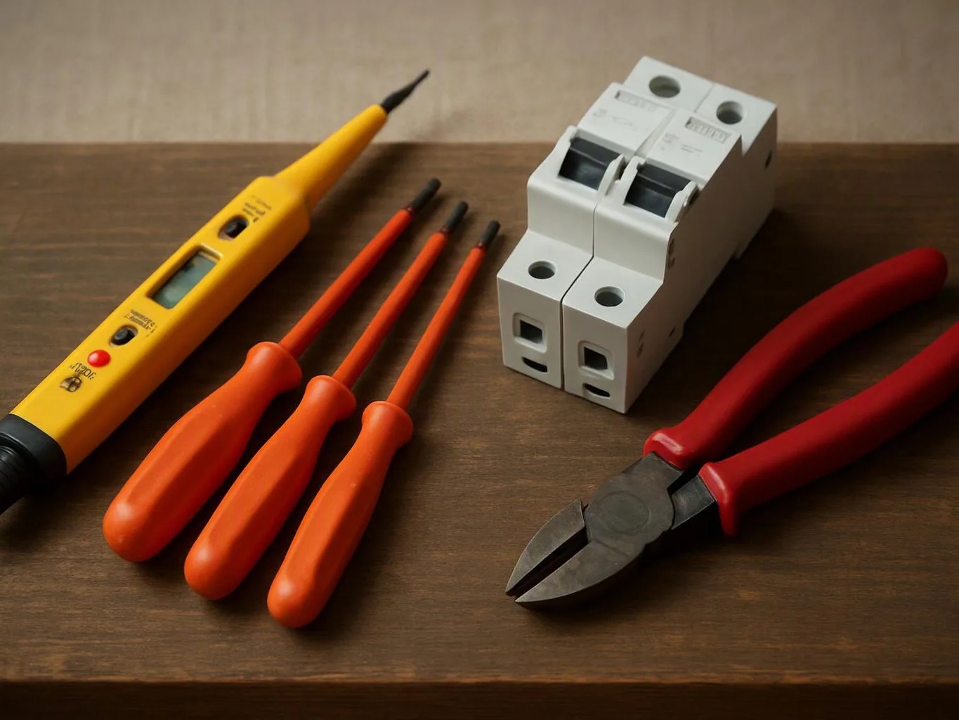 Electrical test tools and a white breaker sit on a wooden table, with red cutters at right