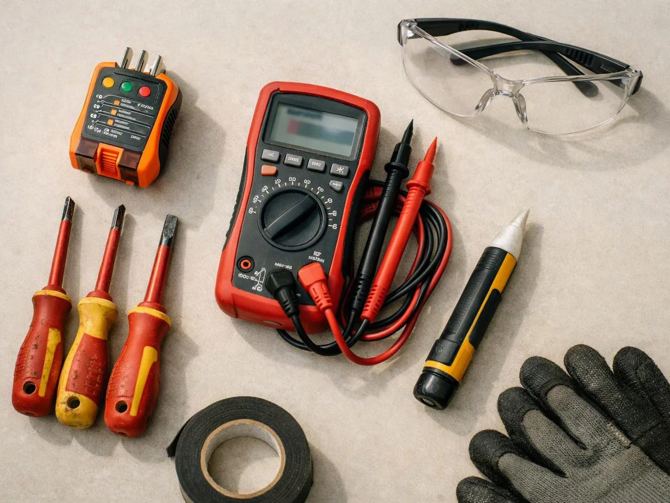 Electrical tools, safety glasses, gloves, screwdrivers, a tape roll, and a digital multimeter lie on a plain work surface