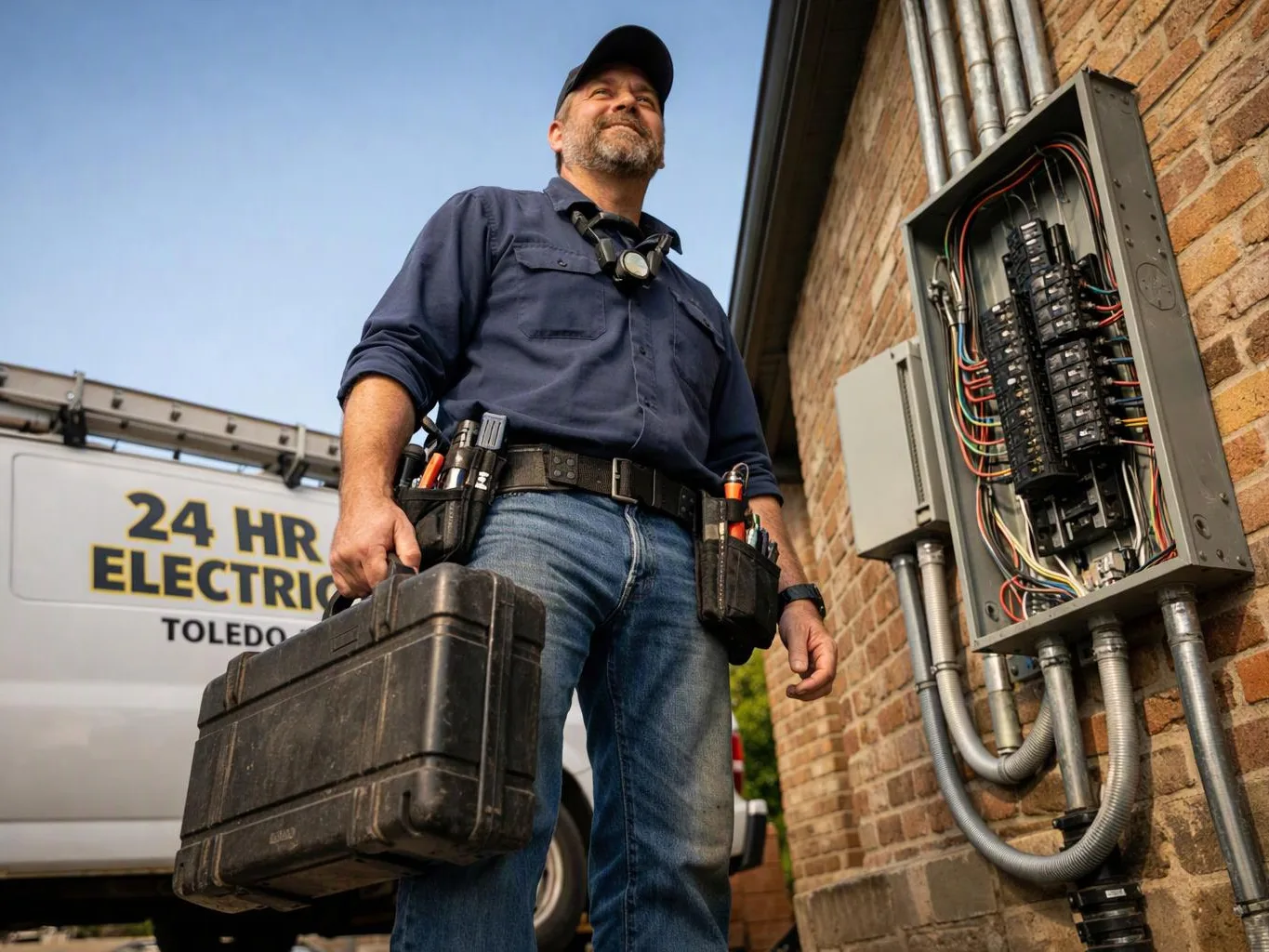 An electrician stands by an open breaker panel, holding a toolbox beside a brick wall and service van