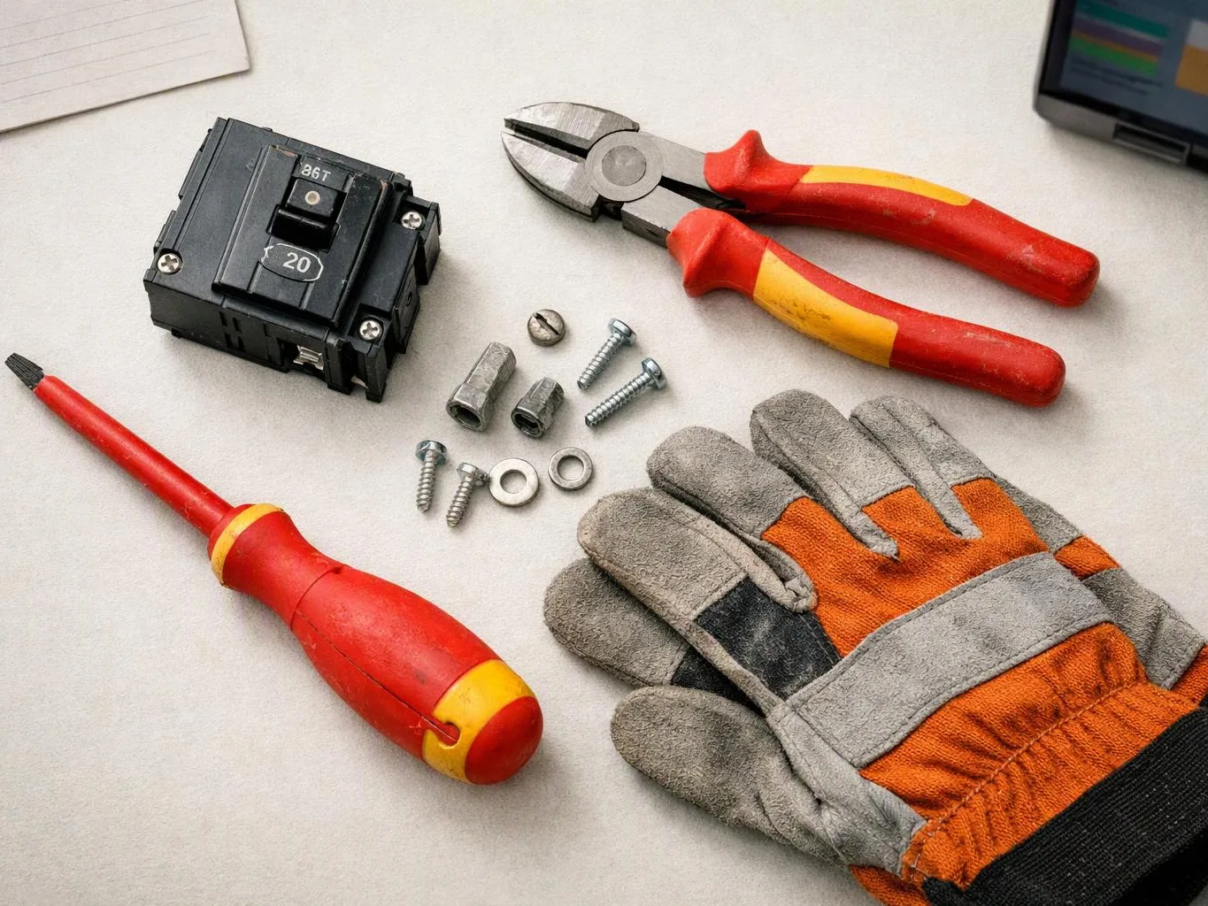 Electrician tools and hardware, including pliers, a screwdriver, gloves, screws, and a circuit breaker
