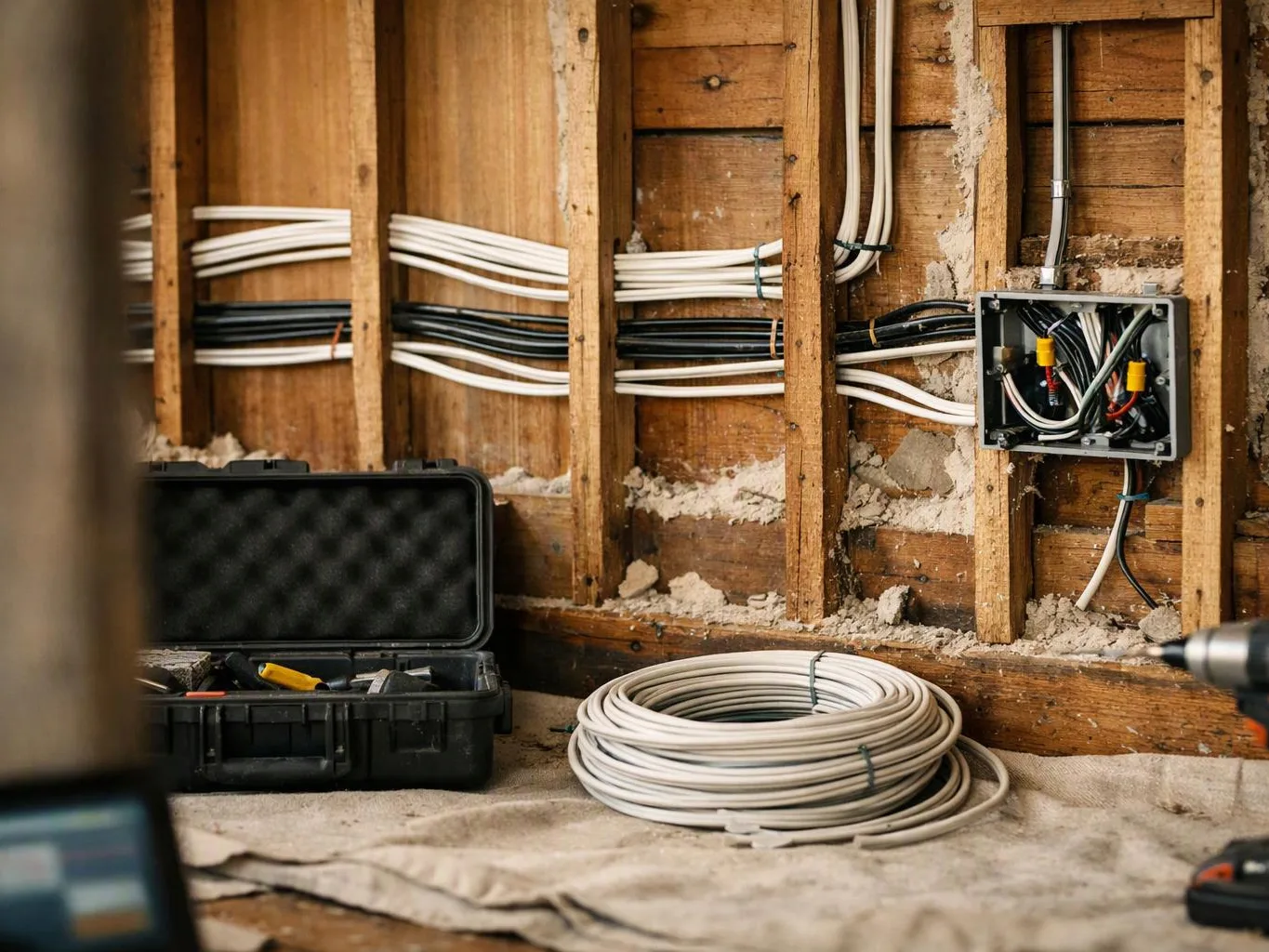 Exposed wall framing shows bundled electrical cables, an open junction box, and an electrician’s tool case on the floor