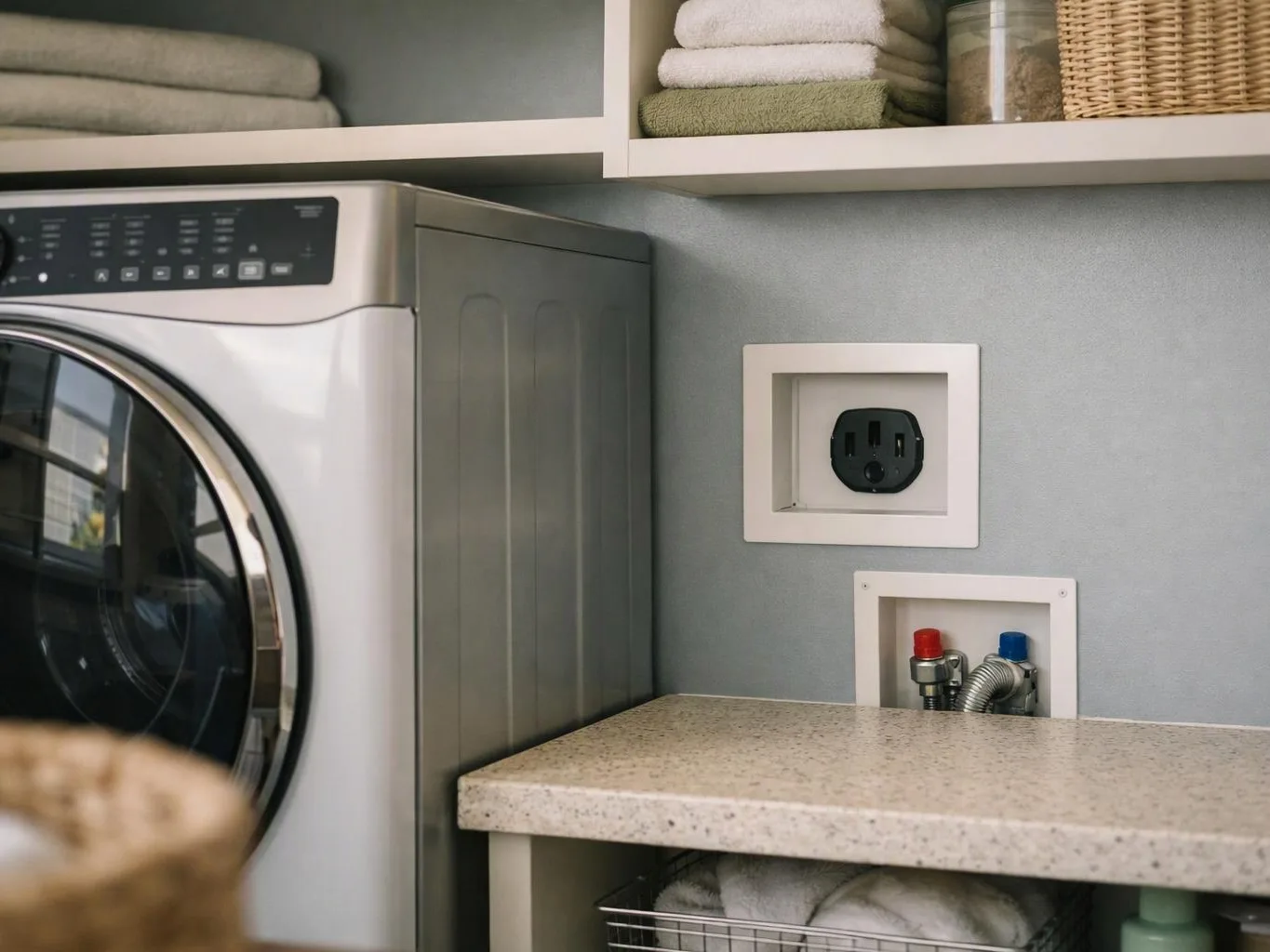 A front-loading washer sits beside a speckled countertop, with open shelves and wall hookups above and below