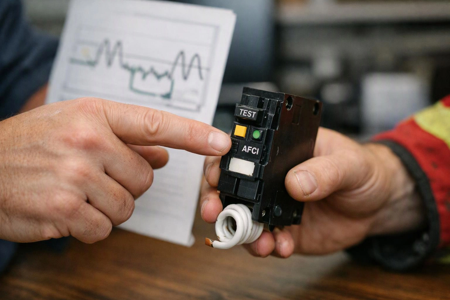Two hands hold an AFCI breaker while one finger points to its test button, with a diagram in the background