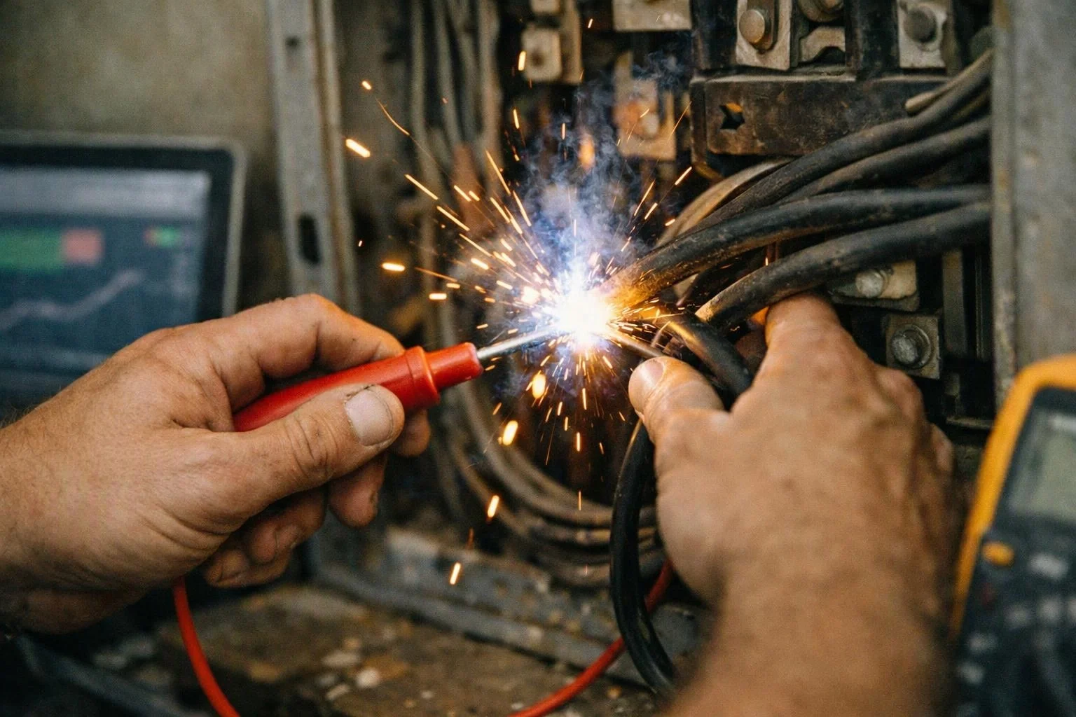 Hands test an electrical panel with a red probe as bright sparks fly among black cables